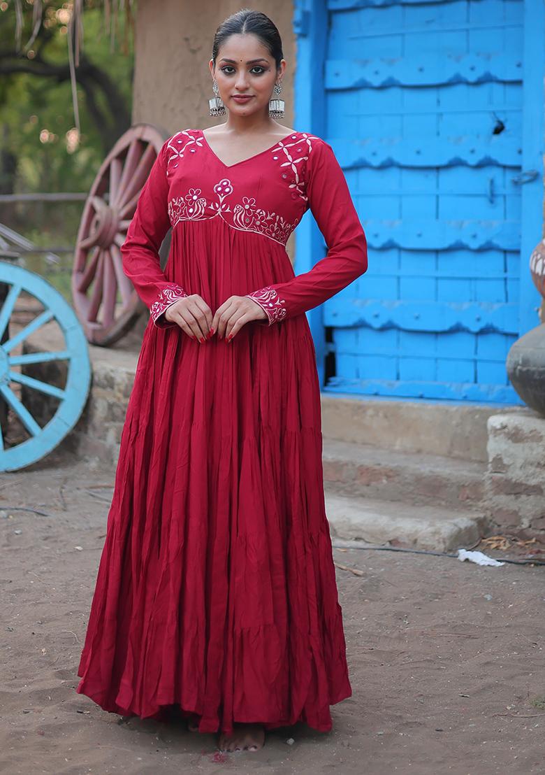 Maroon Mirror Embroidered Rayon Anarkali Set