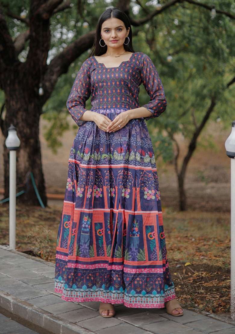Multicolor Printed Chanderi Gown Set - Indya