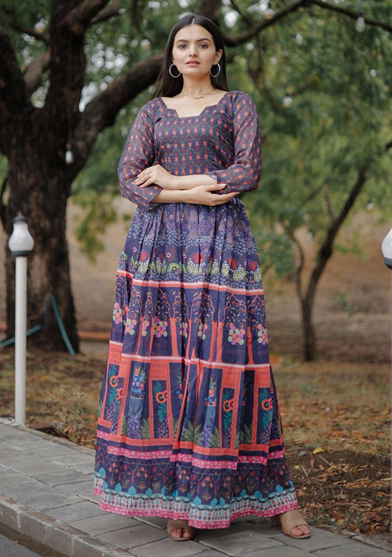 Multicolor Digital Print Pure Chanderi Anarkali Set