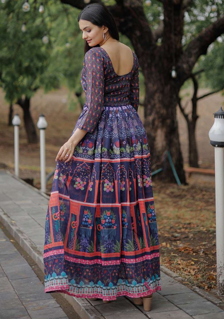 Multicolor Printed Chanderi Gown Set - Indya