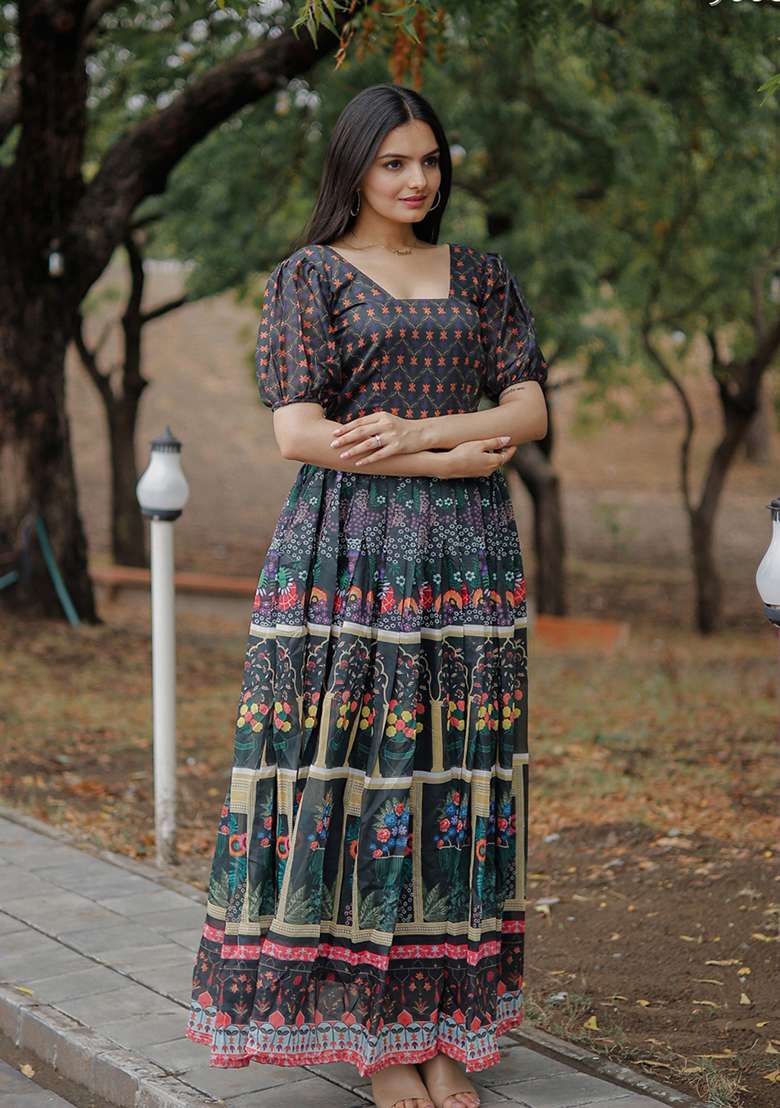 Multicolor Printed Chanderi Anarkali Set - Indya