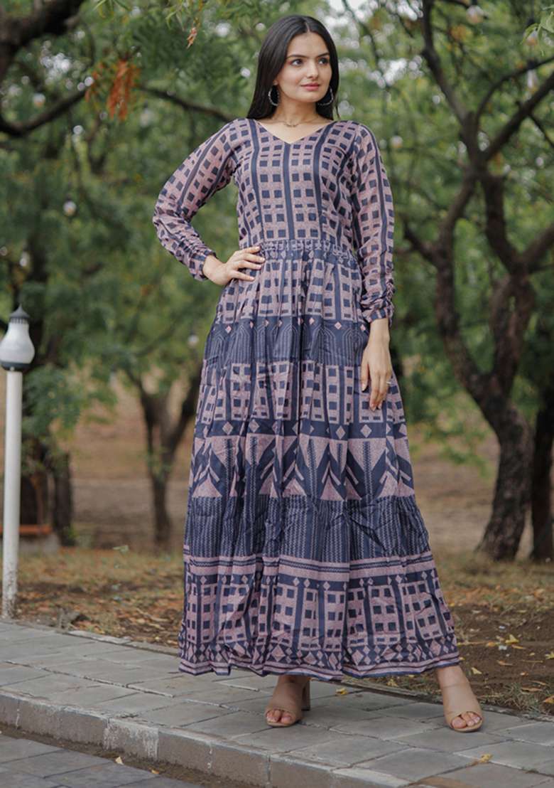 Multicolor Printed Chanderi Gown Set - Indya