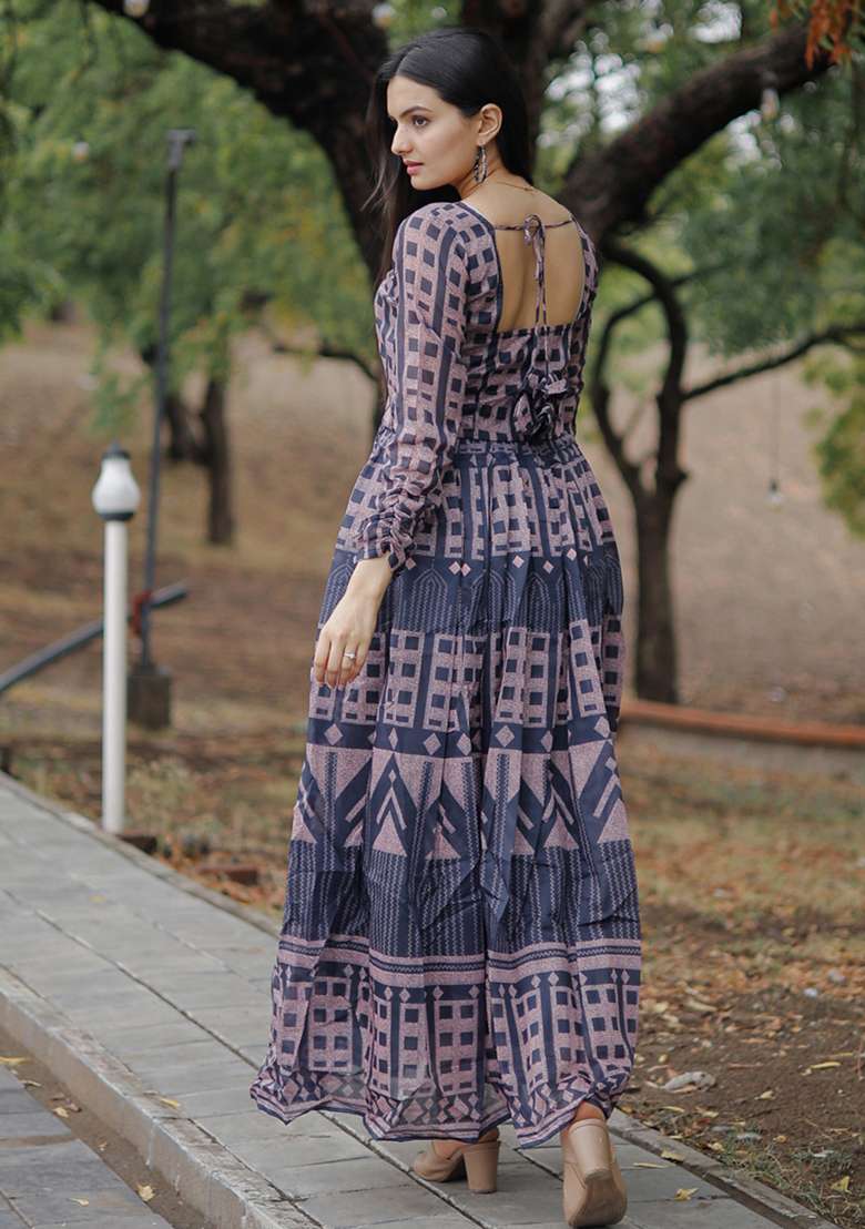 Multicolor Printed Chanderi Gown Set - Indya