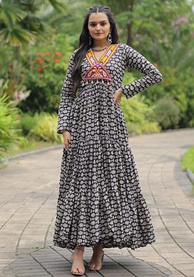 Black Printed Cotton Anarkali Set