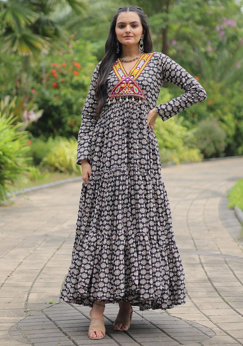 Black Printed Cotton Anarkali Set