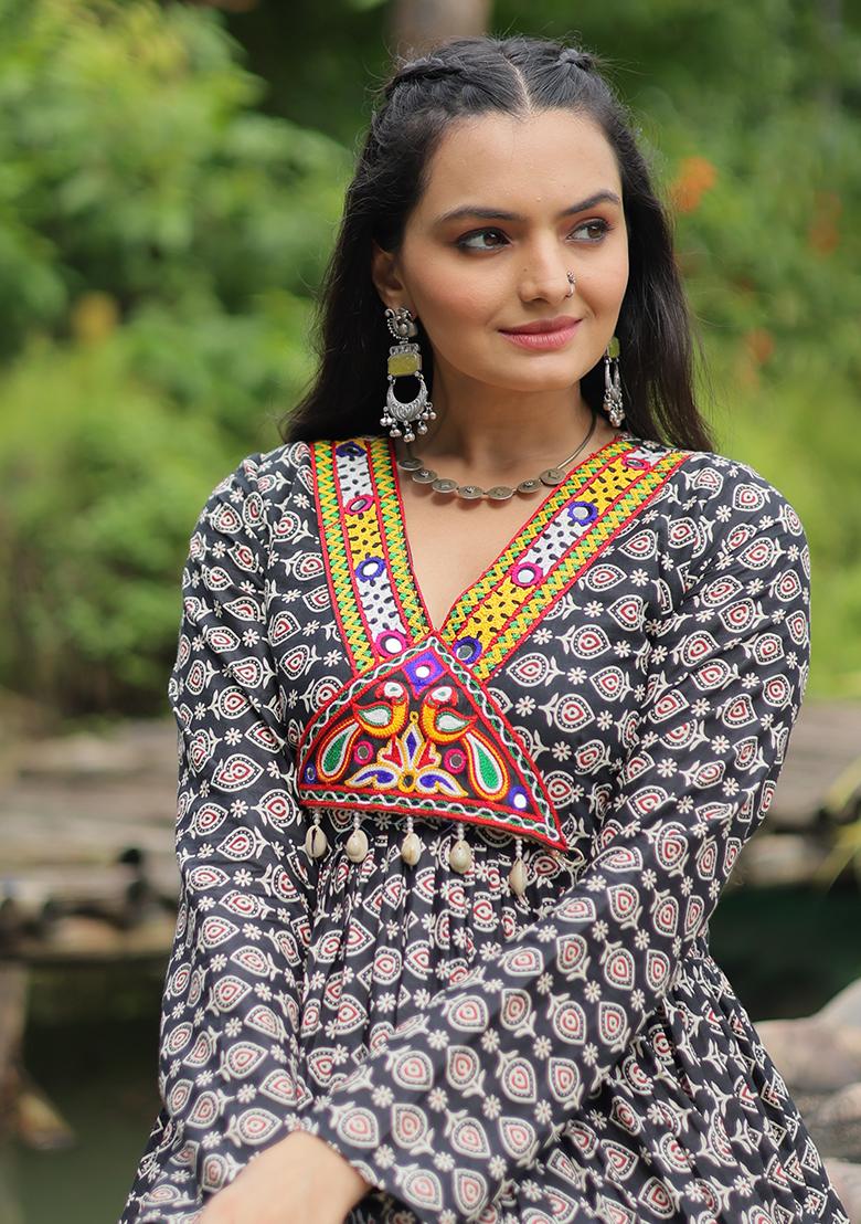 Black Printed Cotton Anarkali Set