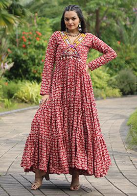 Maroon Printed Cotton Anarkali Set