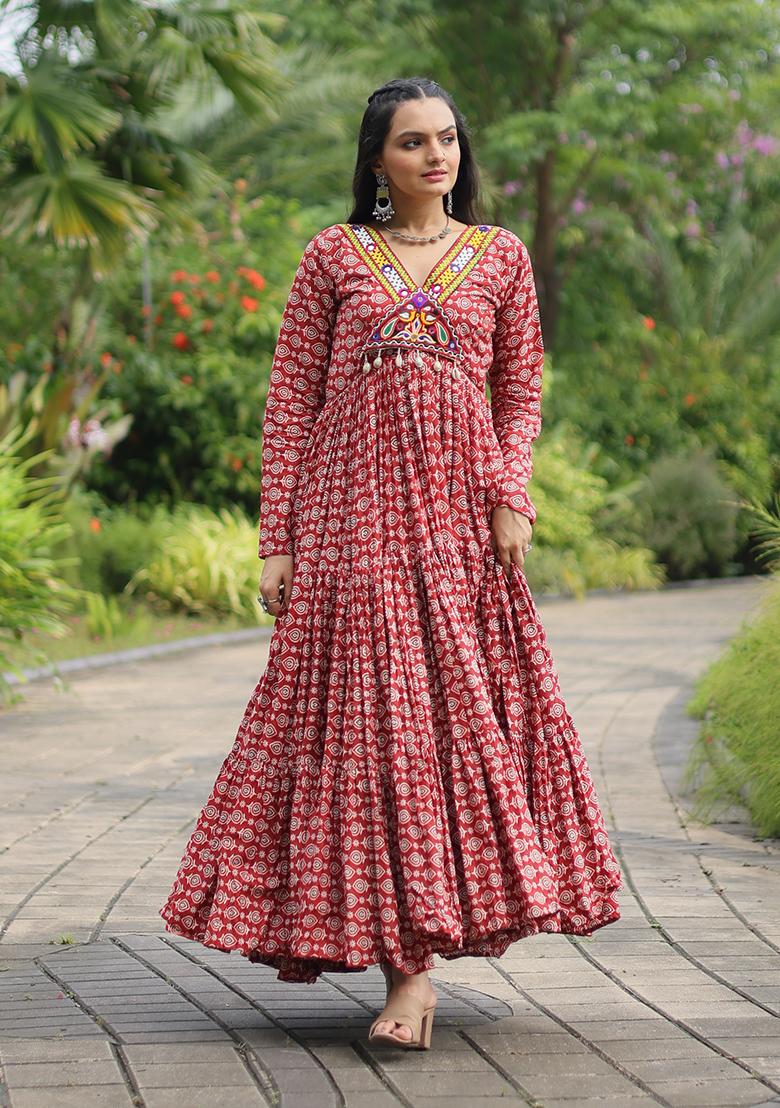 Maroon Printed Cotton Anarkali Set