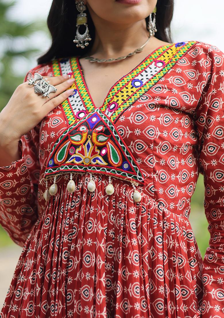 Maroon Printed Cotton Anarkali Set