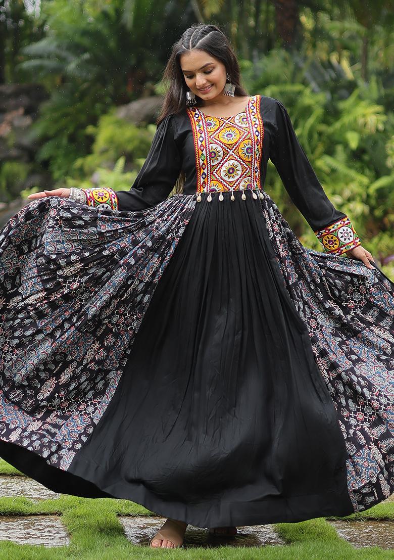 Black Gamthi Work Rayon Anarkali Set