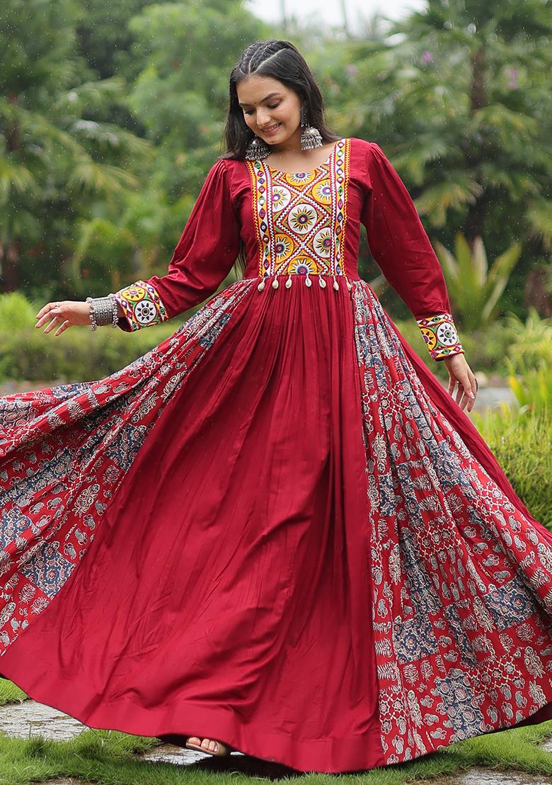 Maroon Gamthi Work Rayon Anarkali Set