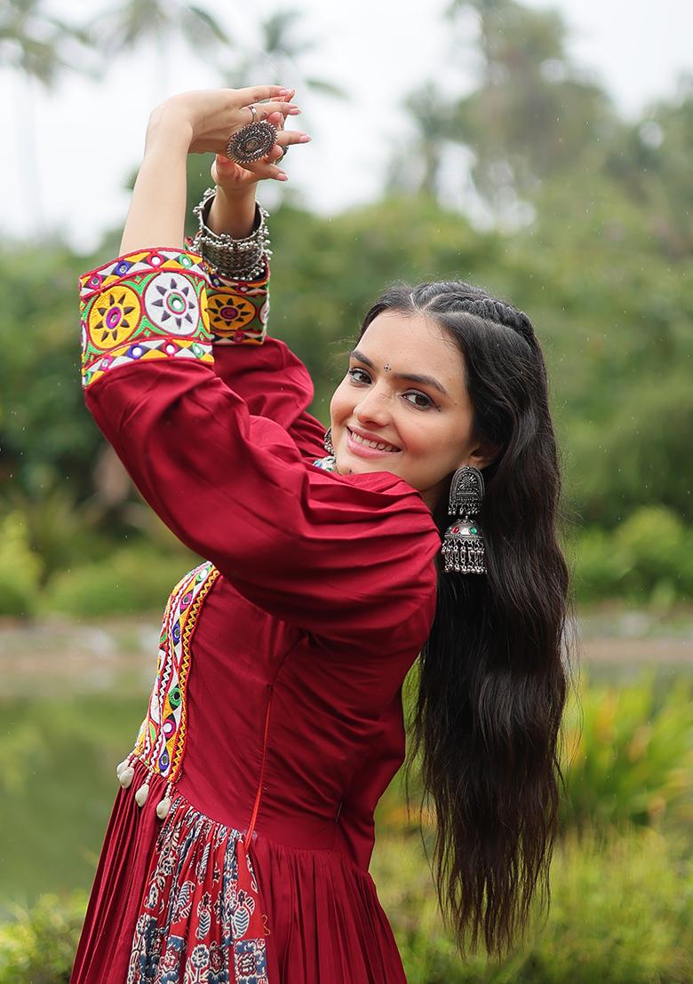 Maroon Gamthi Work Rayon Anarkali Set