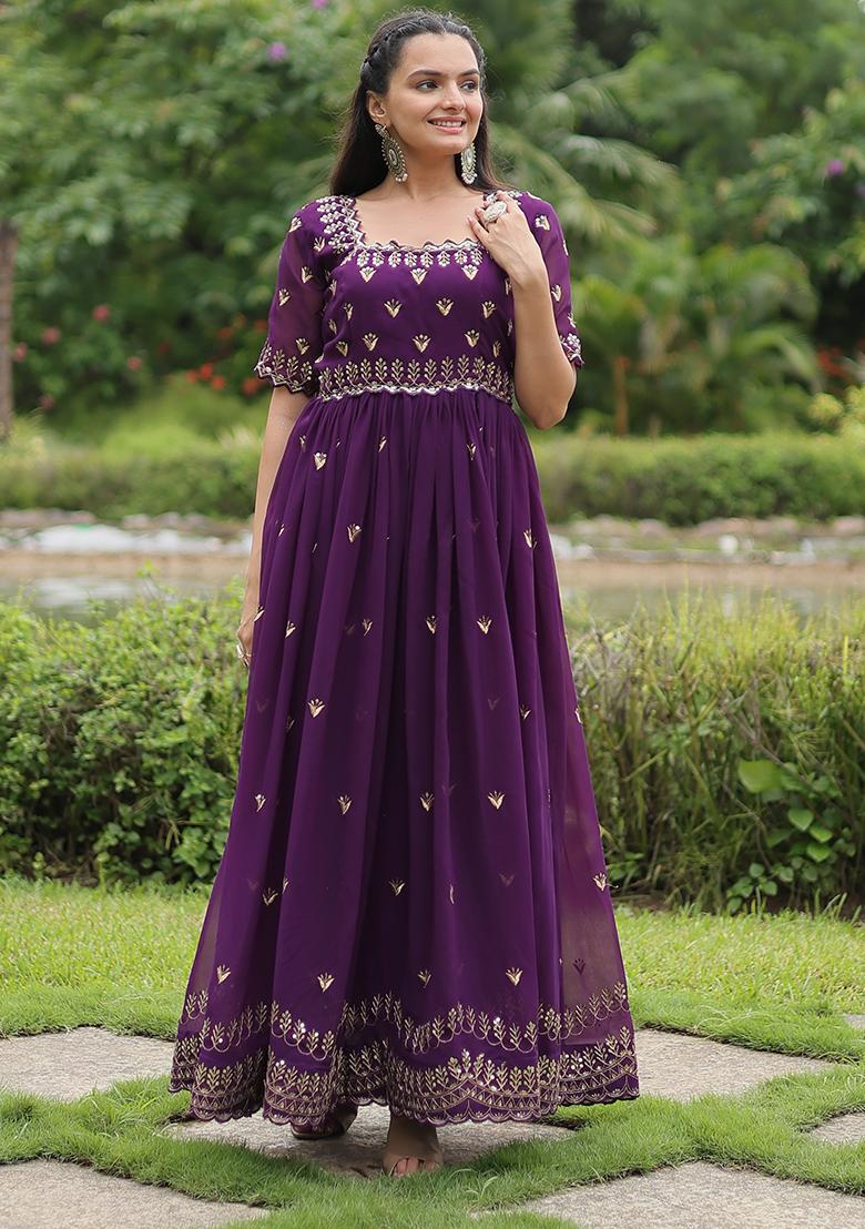 Purple Zari Sequin Embroidered Faux Blooming Anarkali Set