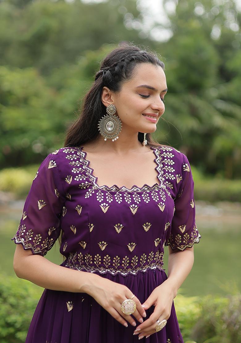 Purple Zari Sequin Embroidered Faux Blooming Anarkali Set