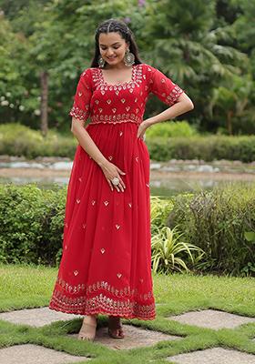 Red Zari Sequin Embroidered Faux Blooming Anarkali Set