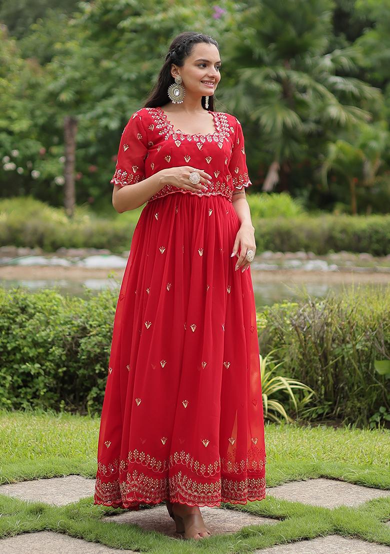 Red Zari Sequin Embroidered Faux Blooming Anarkali Set