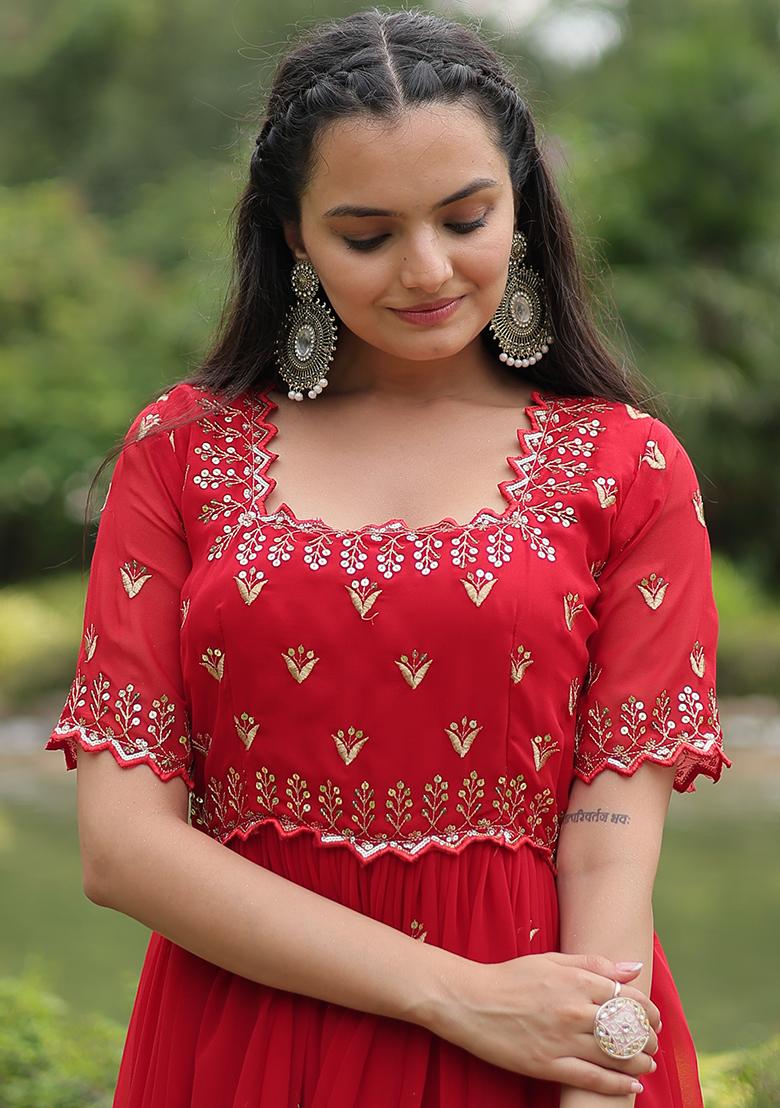 Red Zari Sequin Embroidered Faux Blooming Anarkali Set