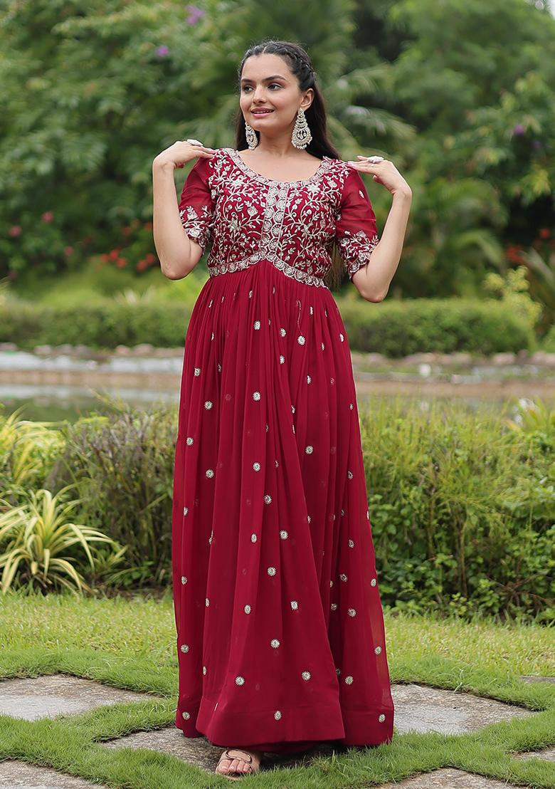 Maroon Zari Sequin Embroidered Faux Blooming Anarkali Set