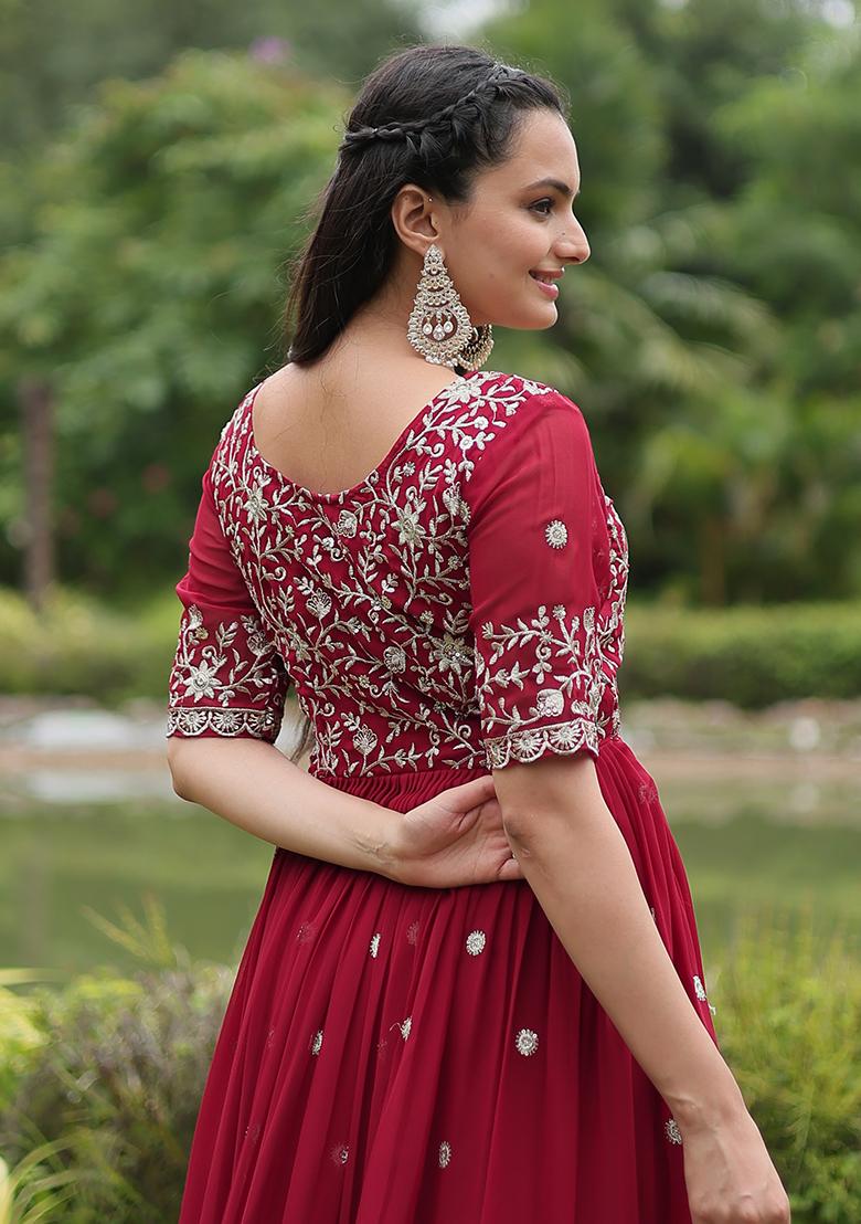 Maroon Zari Sequin Embroidered Faux Blooming Anarkali Set