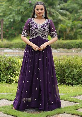 Purple Zari Sequin Embroidered Faux Blooming Anarkali Set