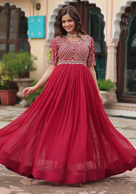 Pink Zari Sequin Embroidered Faux Blooming Anarkali Set