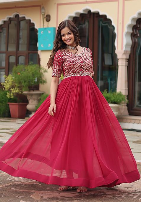 Pink Zari Sequin Embroidered Faux Blooming Anarkali Set