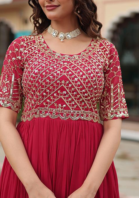 Pink Zari Sequin Embroidered Faux Blooming Anarkali Set