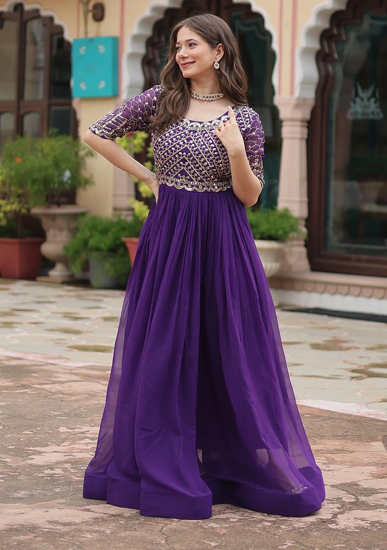 Purple Zari Sequin Embroidered Faux Blooming Anarkali Set