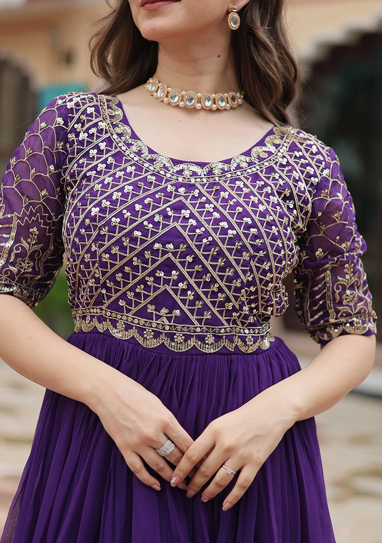 Purple Zari Sequin Embroidered Faux Blooming Anarkali Set