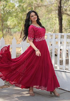 Pink Bead Embroidered Faux Blooming Anarkali Set