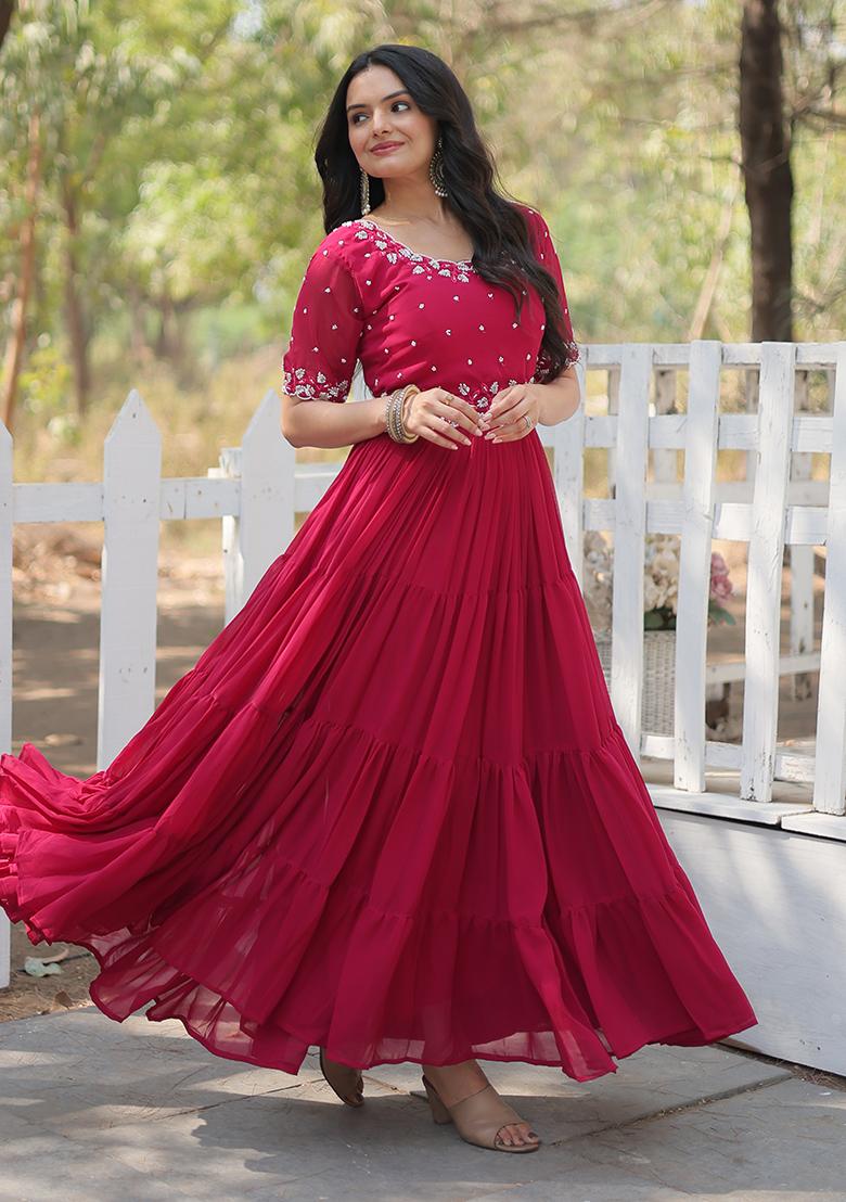 Pink Bead Embroidered Faux Blooming Anarkali Set