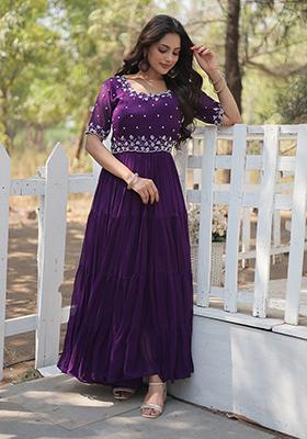 Purple Bead Embroidered Faux Blooming Anarkali Set