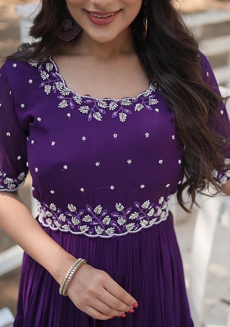 Purple Bead Embroidered Faux Blooming Anarkali Set