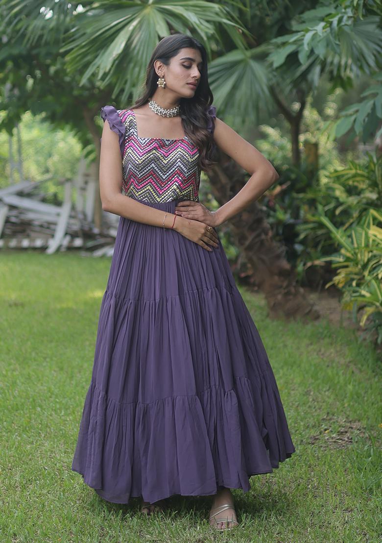 Wine Sequin Embroidered Faux Georgette Anarkali Set