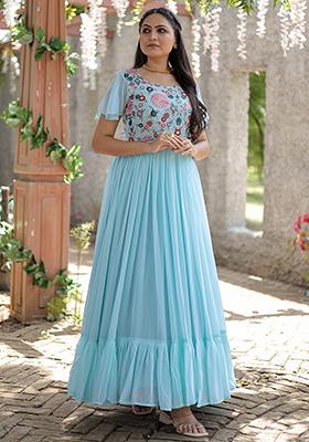 Sky Blue Sequin Embroidered Faux Georgette Anarkali Set