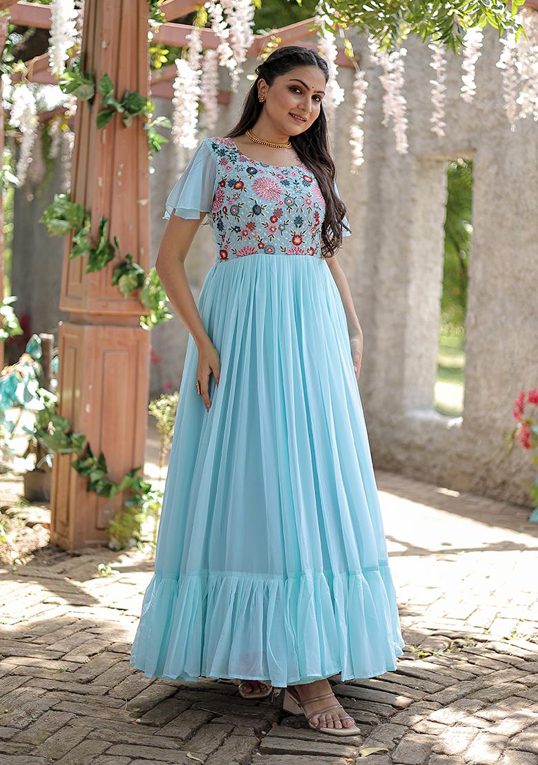 Sky Blue Sequin Embroidered Faux Georgette Anarkali Set