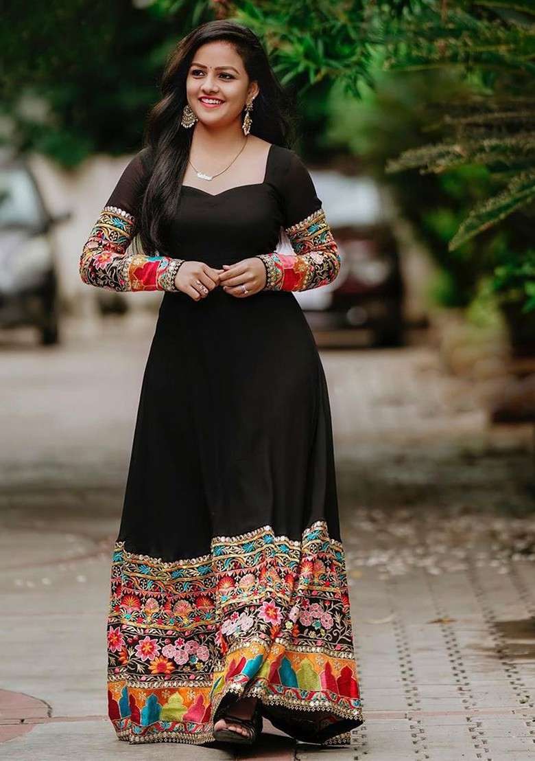 Black Printed Blended Gown for Diwali and Festive Wear - Indya