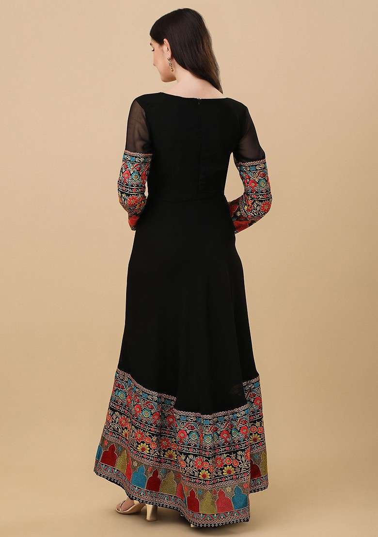Black Printed Blended Gown for Diwali and Festive Wear - Indya