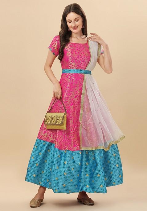 Women'S Pink & Golden Solid Anarkali Kurta main image 0