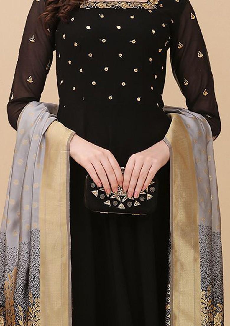 Black Floral Embroidered Poly Blend Anarkali Kurta