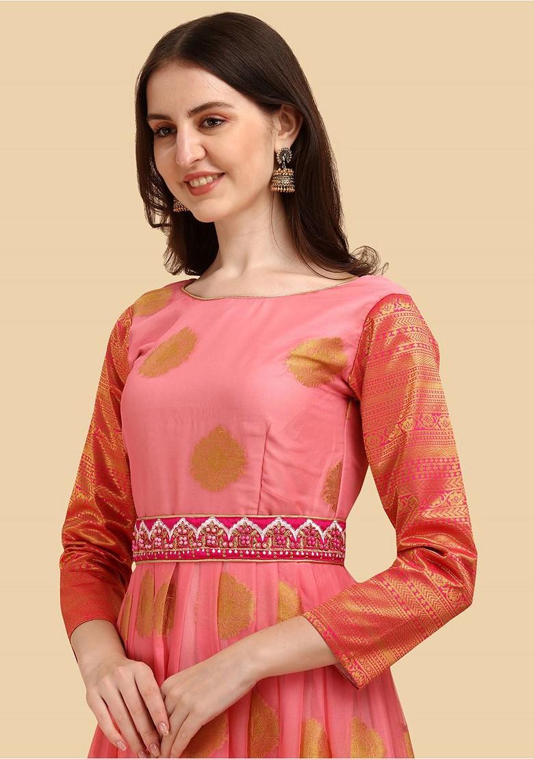 Pink Ethnic Motifs Embroidery Poly Blend Anarkali Set