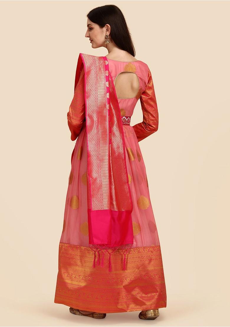 Pink Ethnic Motifs Embroidery Poly Blend Anarkali Set