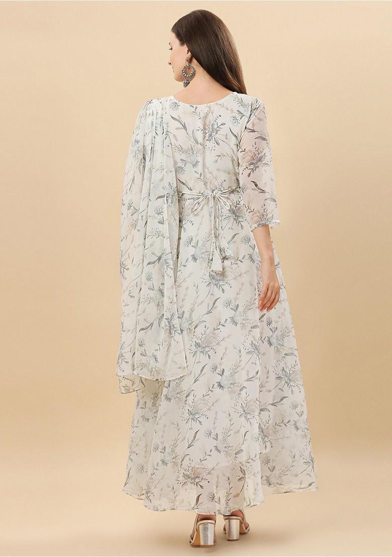 Off White Floral Print Georgette Anarkali Kurta