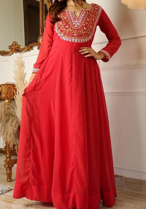 Pink Floral Embellished Poly Blend Anarkali Set