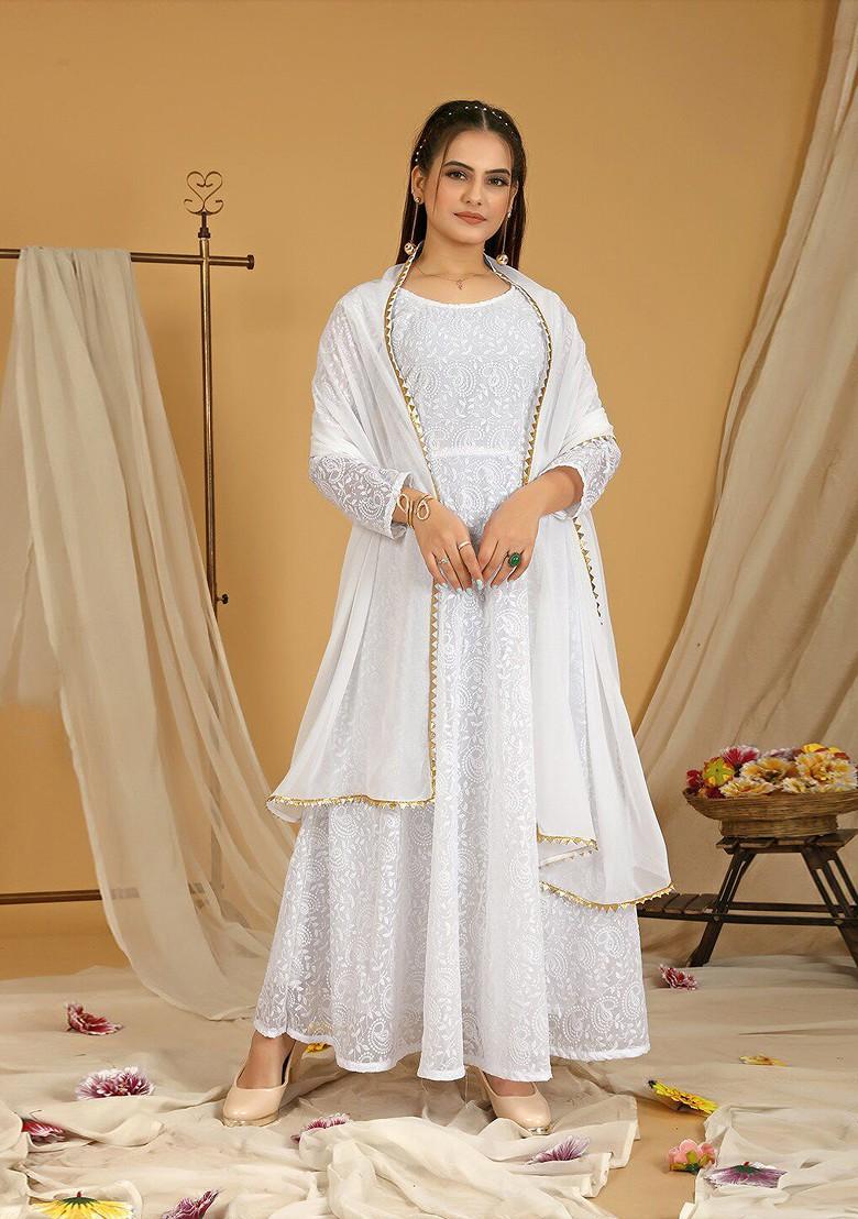 White Ethnic Motifs Embroidery Poly Blend Anarkali Set