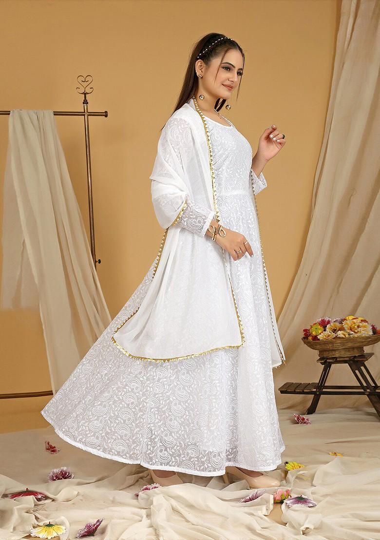 White Ethnic Motifs Embroidery Poly Blend Anarkali Set