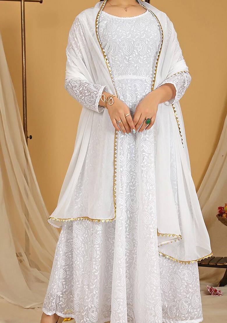 White Ethnic Motifs Embroidery Poly Blend Anarkali Set