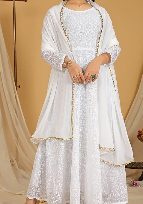 White Ethnic Motifs Embroidery Poly Blend Anarkali Set