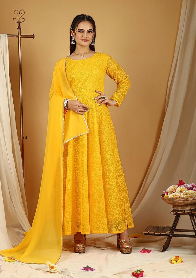 Yellow Ethnic Motifs Embroidery Poly Blend Anarkali Set