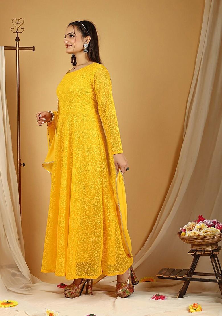 Yellow Ethnic Motifs Embroidery Poly Blend Anarkali Set